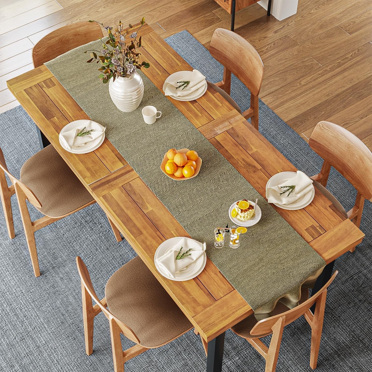 Dining Table for 6-8 People, 70" Acacia Wood Rustic Rectangular Dinner Table with Metal Frame, Sandblast Finish, Natural Stained, Indoor Outdoor Kitchen Dining Room Table Large 70X33.2X30 Inch