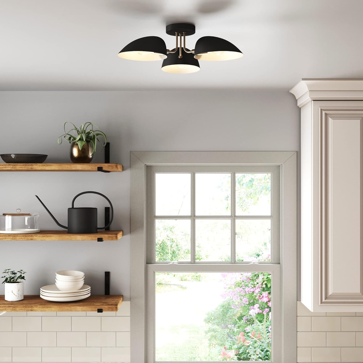 Argo Semi Mount Flush Ceiling Light, 3-Lights Modern Retro Lighting with Black Rounded Shades for Hallway, Dining Room and Bedroom, Brass Gold/Black