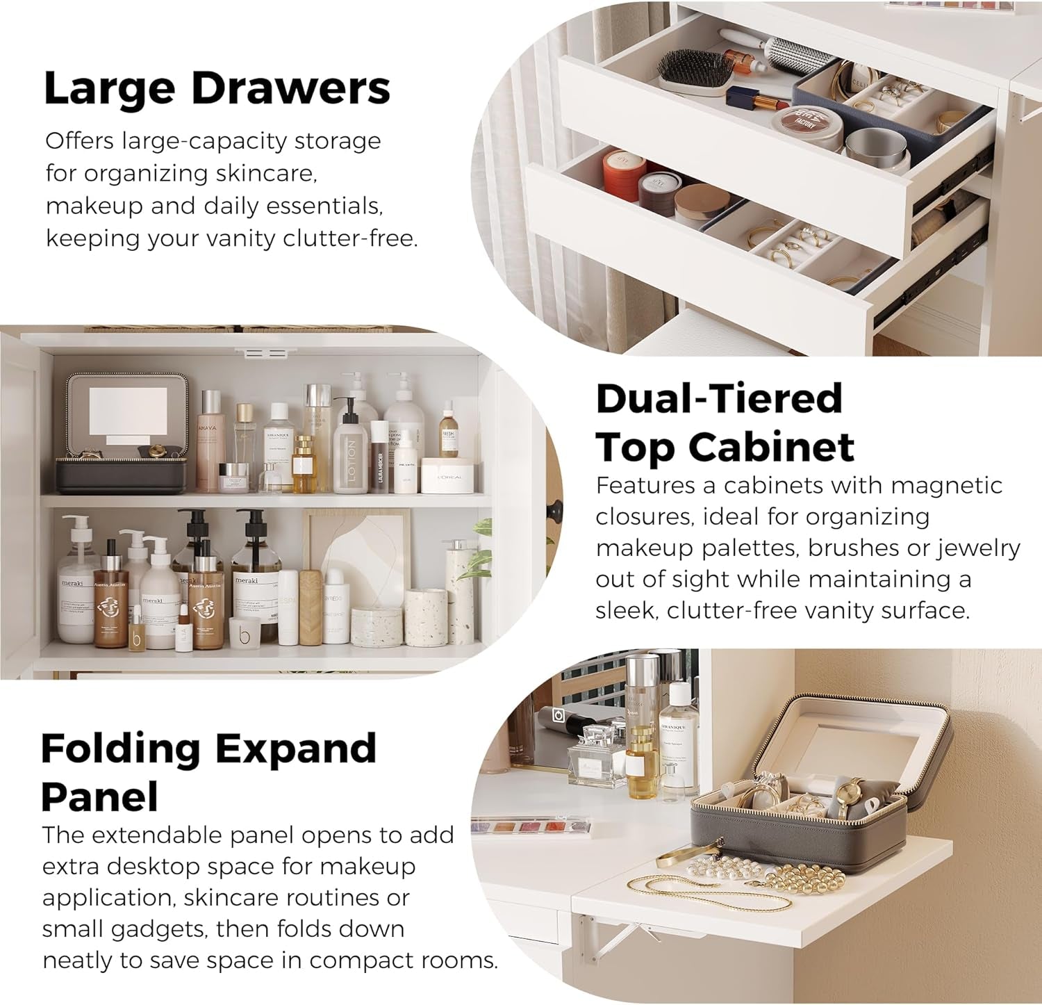 Small Vanity Desk with Mirror and Lights, White Compact Makeup Vanity with Chair and Fold-Up Panel for Small Spaces, Skinny Rattan Dressing Table Set, Dimmable 3-Color, Space Saving, Girls