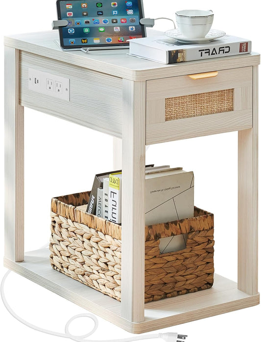 Narrow Side Table with Charging Station, Rattan Night Stand with Drawer Storage, Natural Wood Bedside End Table with Metel Handle for Small Spaces, Boho Nightstand for Living Room Bedroom