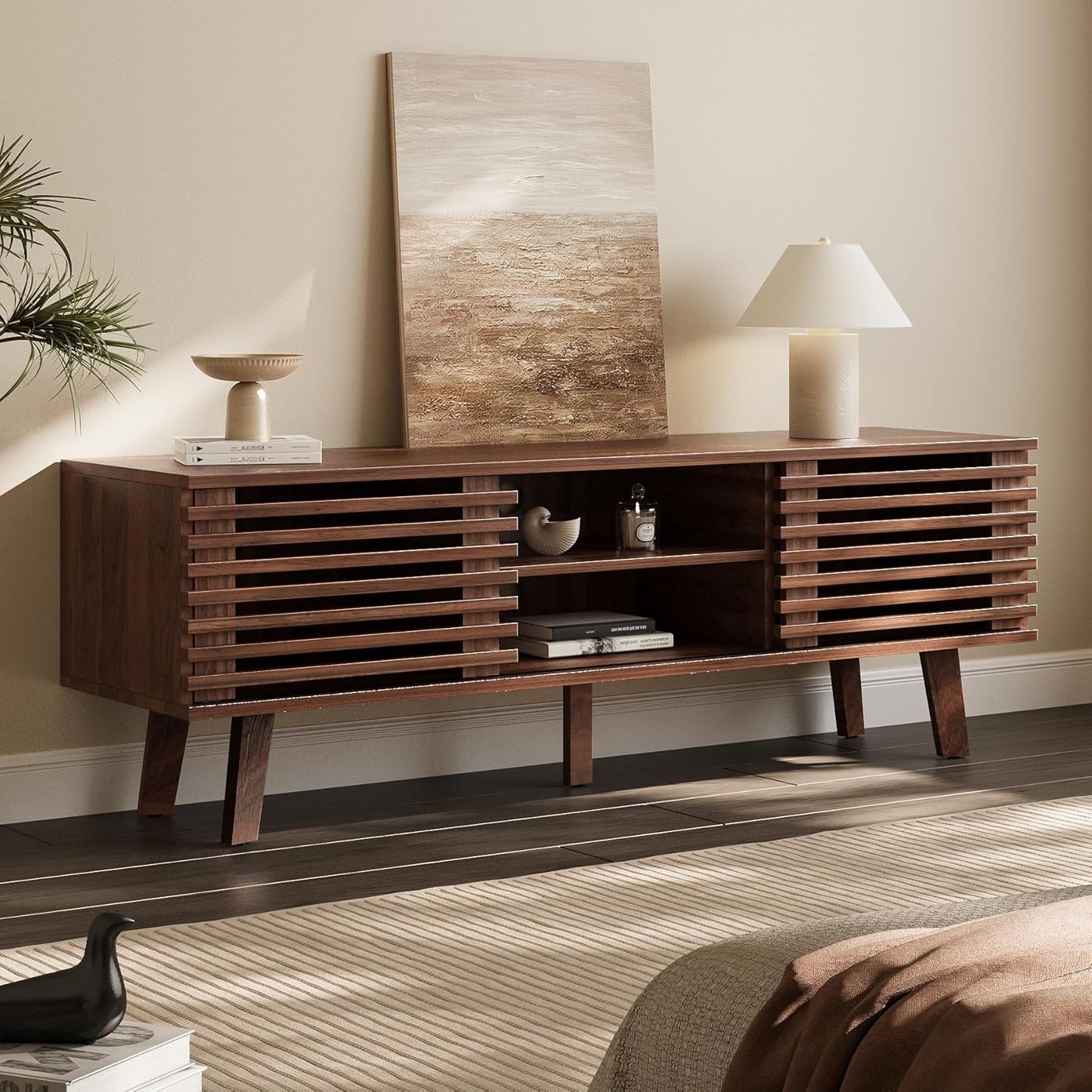 Mid-Century Modern TV Stand for 50/55/60 Inch TV, Retro Entertainment Center with Storage Cabinet & Sliding Door, TV Stand for Living Room, Bedroom