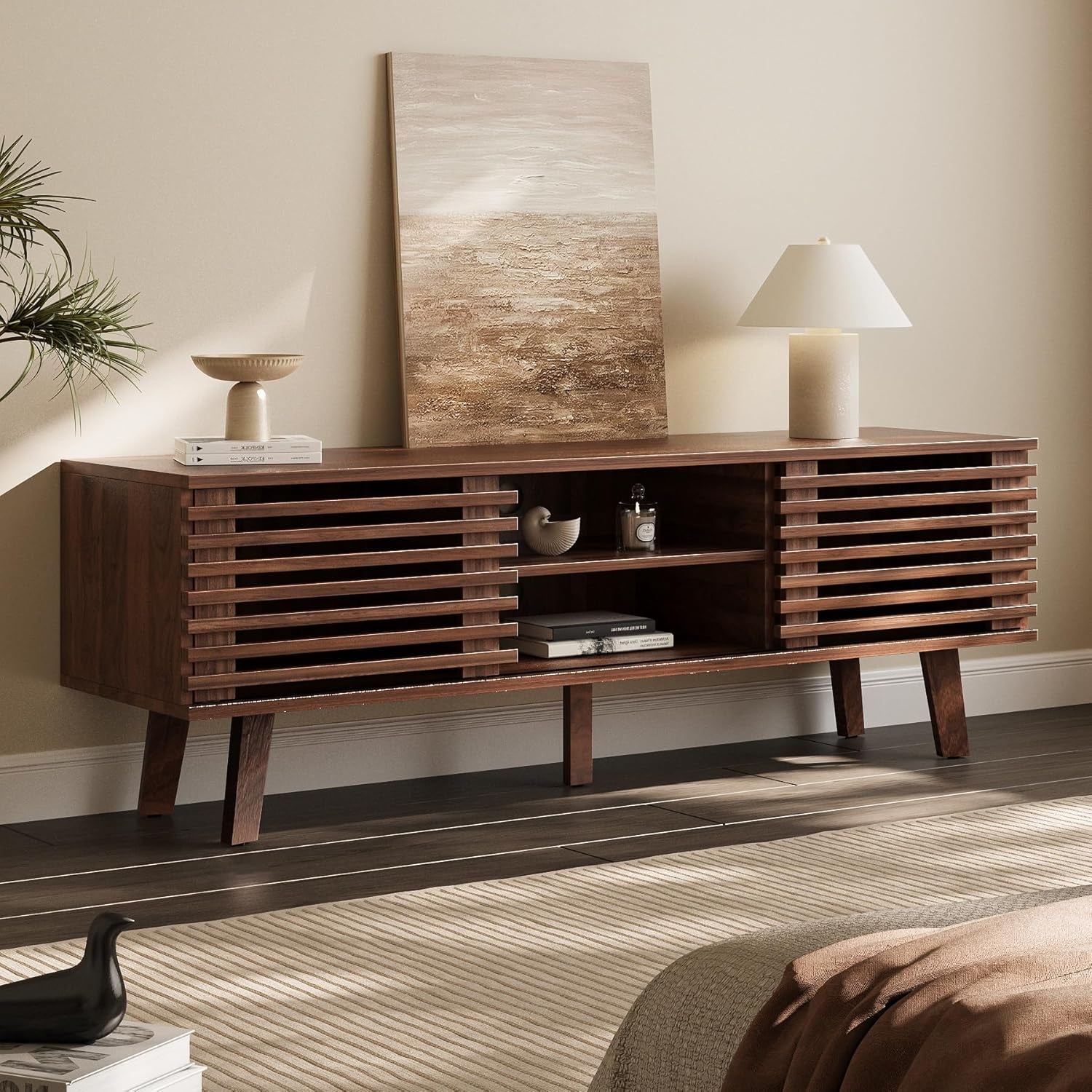 Mid-Century Modern TV Stand for 50/55/60 Inch TV, Retro Entertainment Center with Storage Cabinet & Sliding Door, TV Stand for Living Room, Bedroom