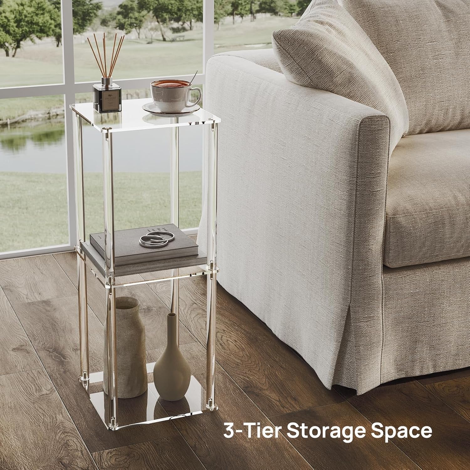Acrylic Drink Table for Small Spaces, 10" Square, Clear Small Side Table/End Table for Living Room, Sofa, Easy Assembly, Modern, 26" H