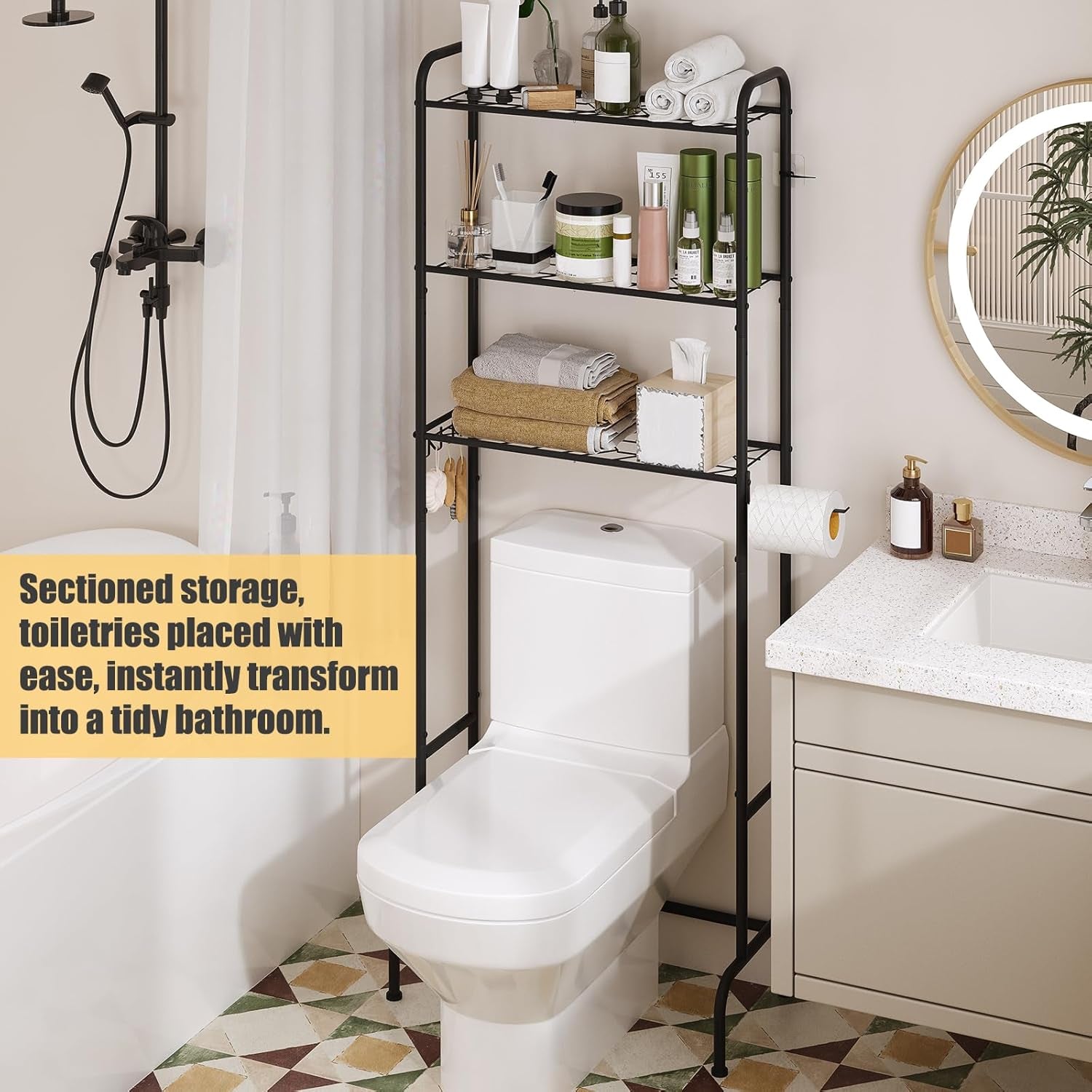 Over the Toilet Storage,3-Tier Heavy Duty Metal Bathroom Organizer, Freestanding Space Saver with Wide Shelves for Towels & Toilet Paper (Black)