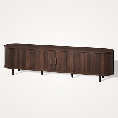 70" Mid Century Modern TV Stand, Wood TV Consoles with Sliding Doors and Power Outlet, Entertainment Center with Adjustable Shelves, Fluted TV Stands for Living Room, Walnut