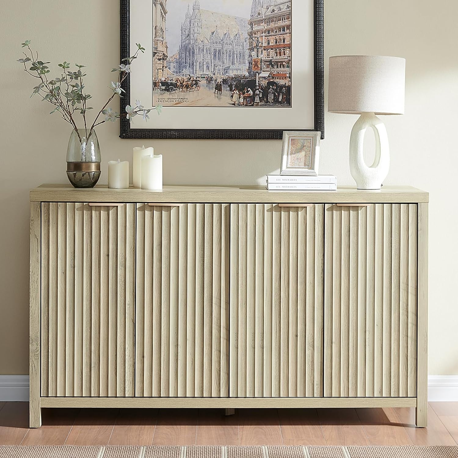 Fluted Sideboard with Storage 4 Doors Buffet Cabinet Large Modern Credenza Accent Console Cabinets with Adjustable Shelves for Living Room Kitchen Hallway, Natural