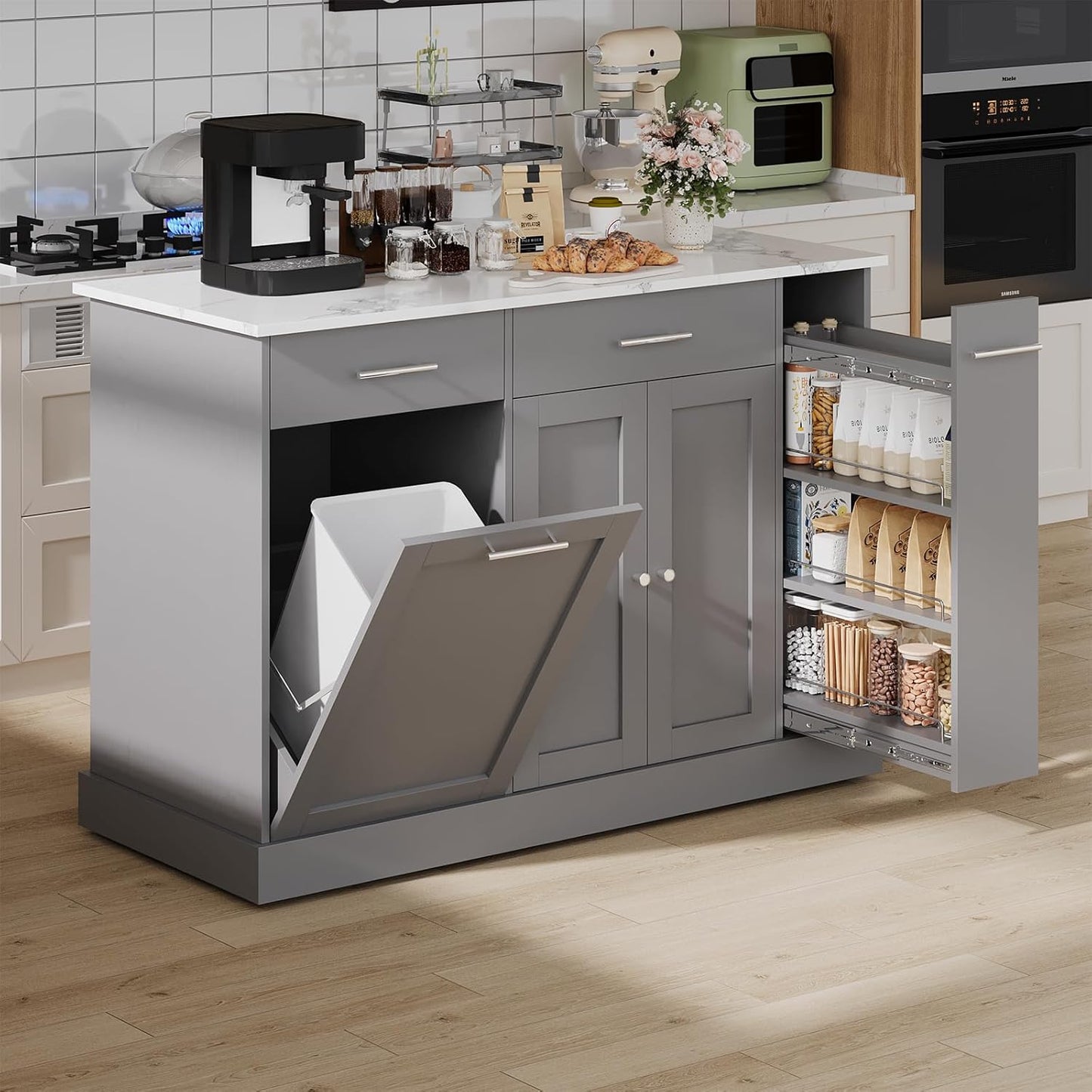Kitchen Island on Wheels with Trash Can Storage, Rolling Kitchen Island Cart with Marble Countertop, Portable Island Table for Kitchen, Gray