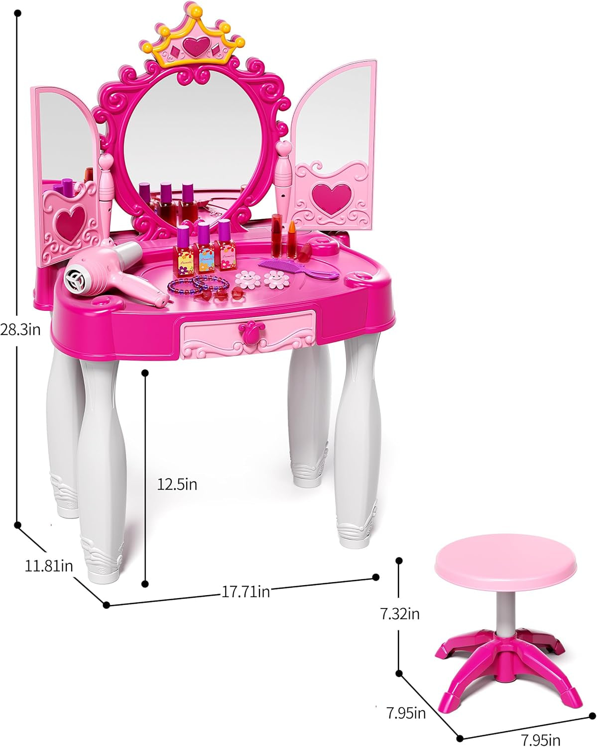 Toddler Makeup Table with Mirror and Chair, Kids Makeup Vanity Set with Accessories and Lights and Music Sound for Girls, Toddlers 3-5 Years Old