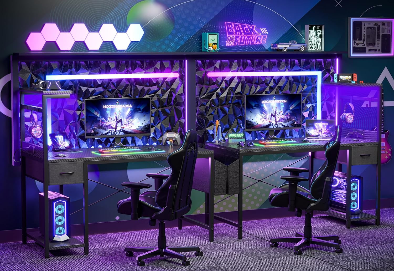 Gaming Desk 40 Inch with Power Outlet and LED Light, Computer Desk with Reversible Shelves and Storage Drawer, Small PC Desk for Home Office Table with Bag, Carbon Fiber Black