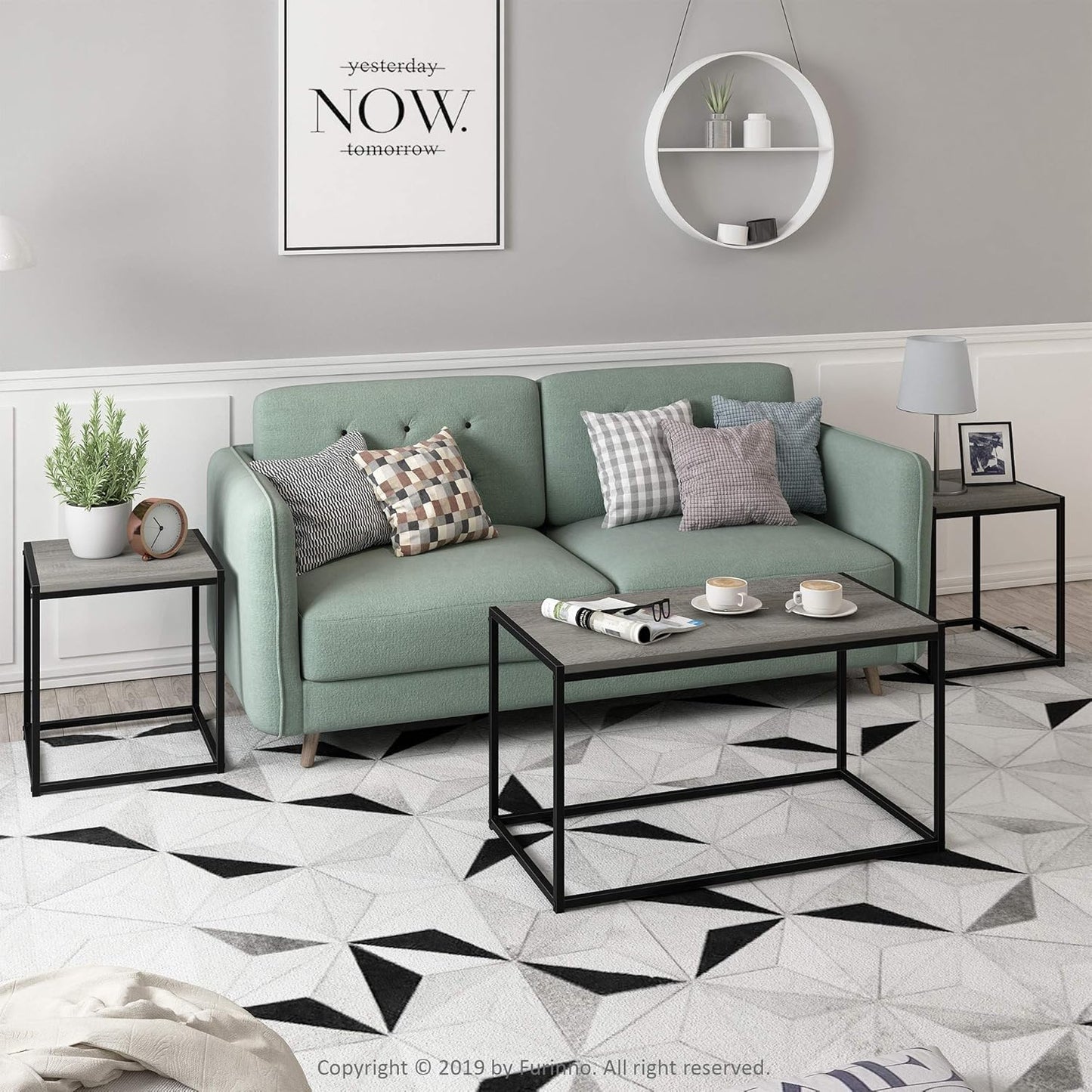 Camus Modern Living Room Coffee Table with 2 End Tables Set, French Oak Grey