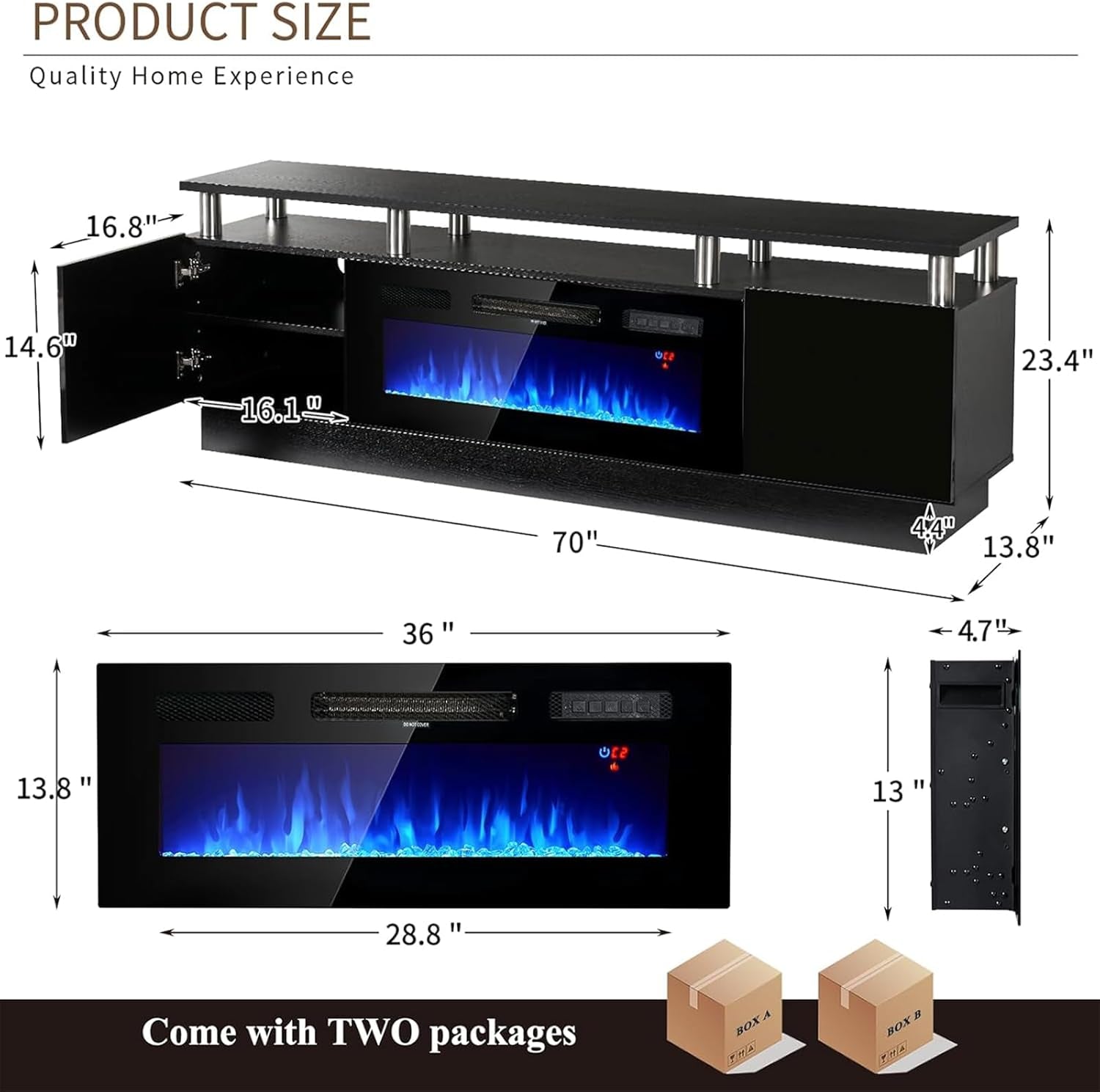 2 Tier TV Console Stand with 36" Electric Fireplace, LED Light Entertainment Center for Tvs up to 80" for the Living Room, 70", Black