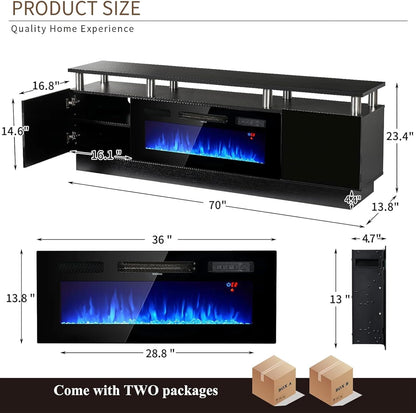 2 Tier TV Console Stand with 36" Electric Fireplace, LED Light Entertainment Center for Tvs up to 80" for the Living Room, 70", Black