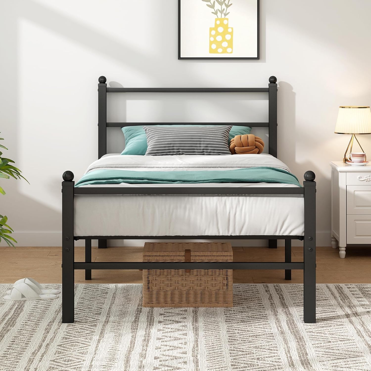 Twin Bed Frames with Headboard and Footboard, 14 Inch Metal Platform Twin Size Bed Frame with Steel Slat Support, No Box Spring Needed, Noise Free, Easy Assembly, Black