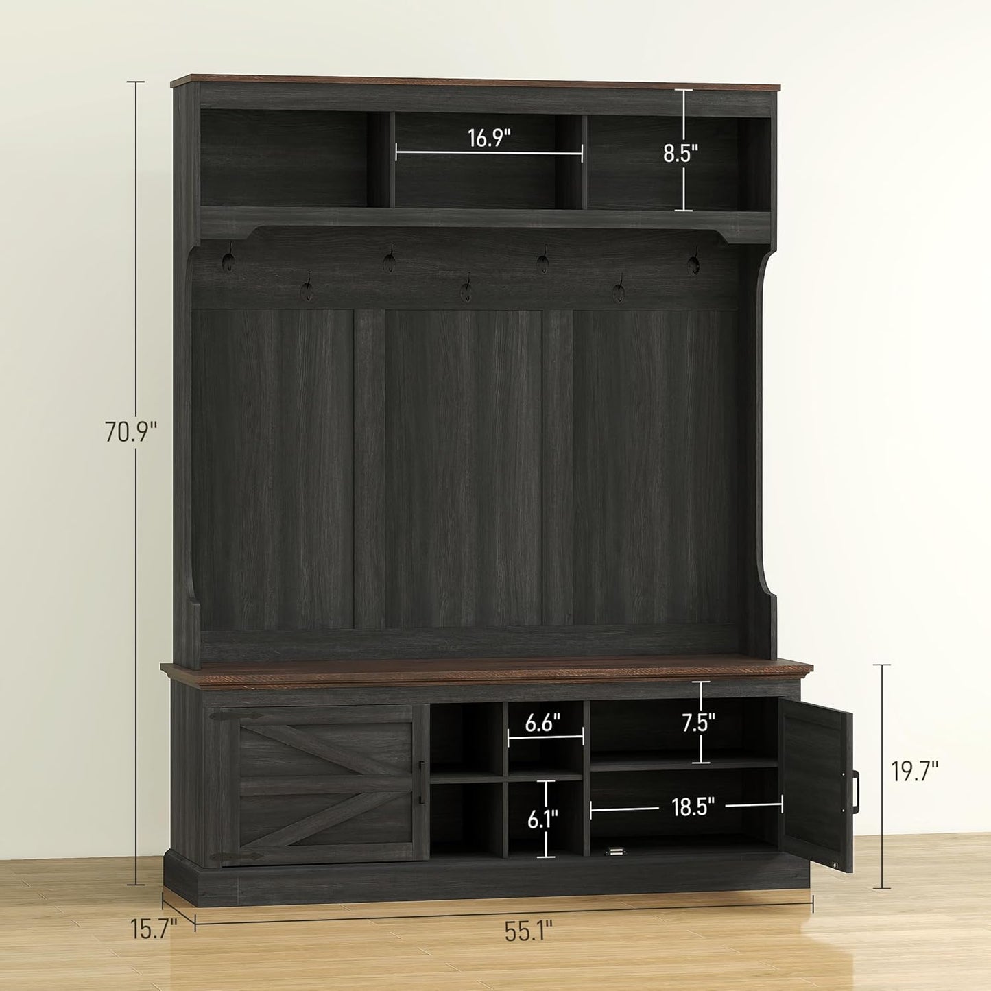 3-In-1 Hall Tree with Storage, Farmhouse Coat Rack with Bench, Standing Shoe Rack with Seven Hooks for Entryway, Black Wood Grain