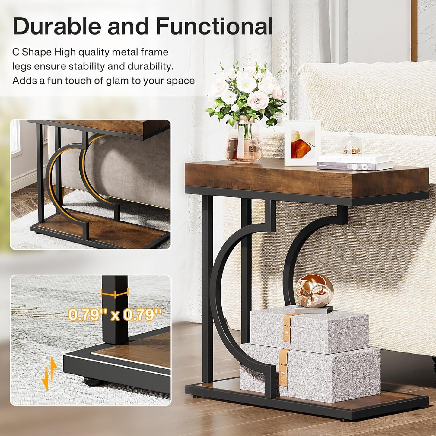 Narrow Side Table Brown Black C Shaped End Table Modern Bedside Tables for Couch, Small Sofa Tables with Metal Frame for Living Room (1, Brown+Black)