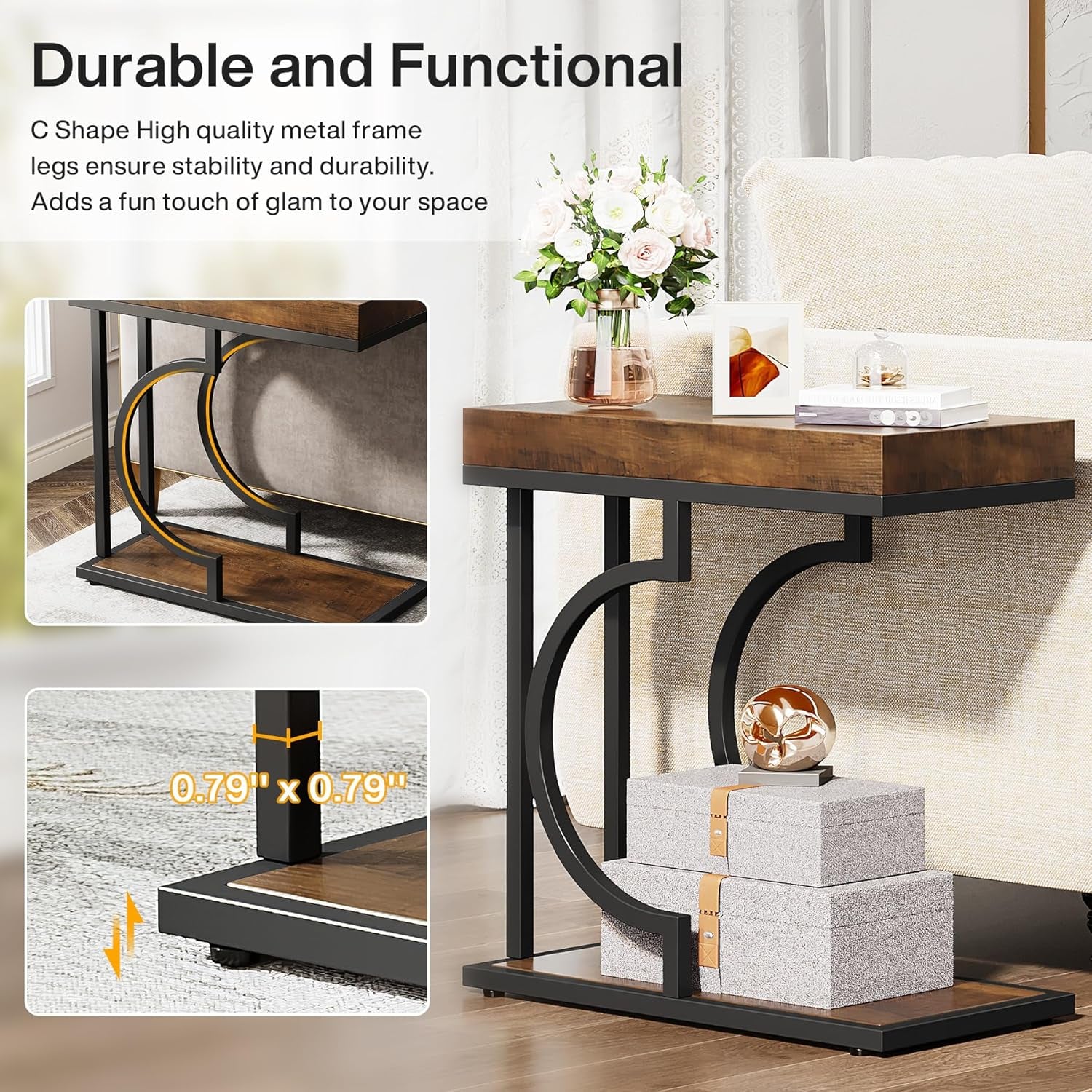 Narrow Side Table Brown Black C Shaped End Table Modern Bedside Tables for Couch, Small Sofa Tables with Metal Frame for Living Room (1, Brown+Black)