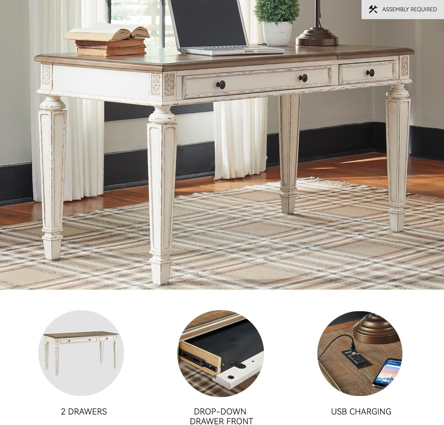 Realyn Home Office Lift Top Desk, USB Charging, Spring Lift Top, Smooth-Gliding Drawer, 60" W X 28" D X 31" H, Chipped White and Brown