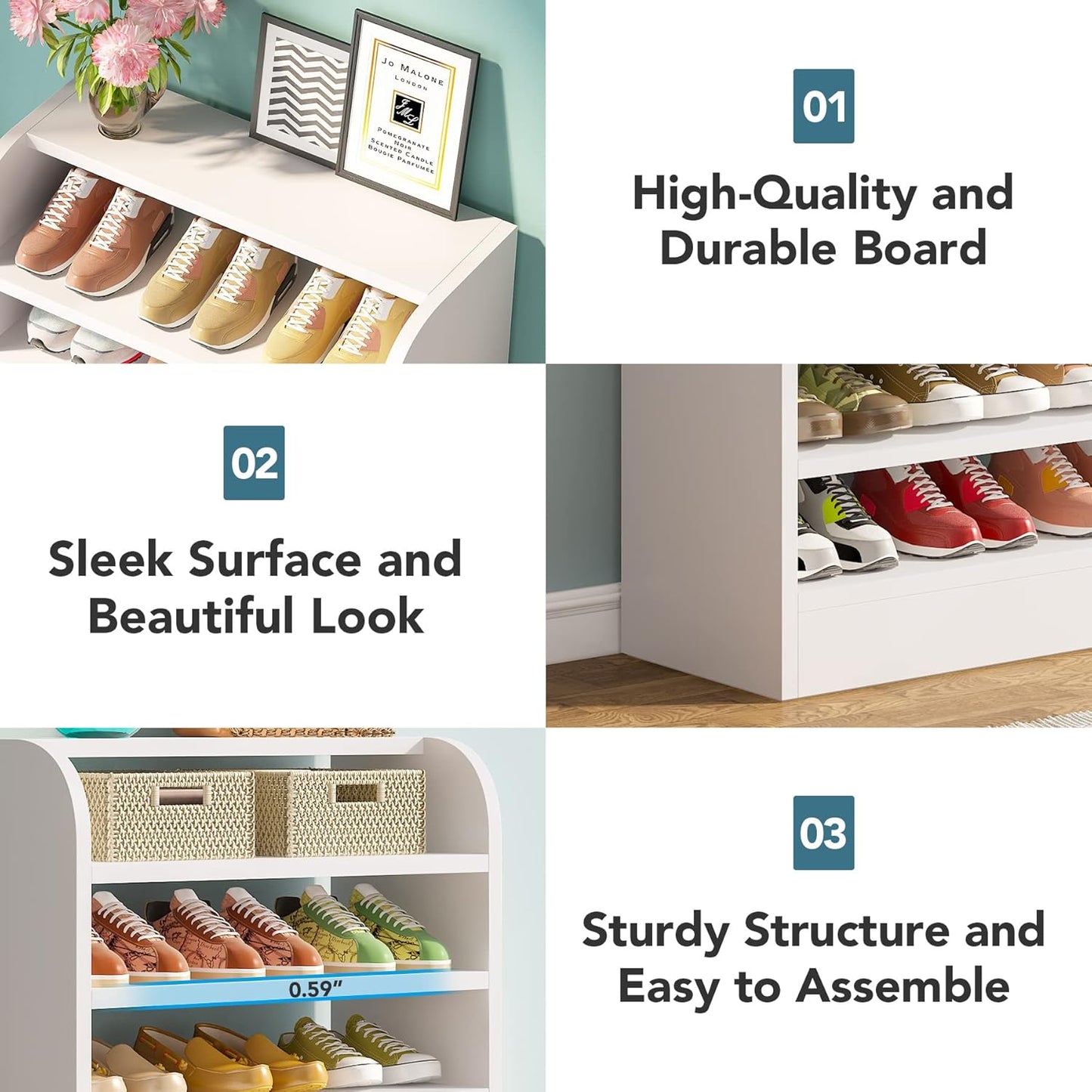 Shoe Rack, 8-Tier Tall Shoe Shelf, Wooden Shoe Storage Cabinet, White