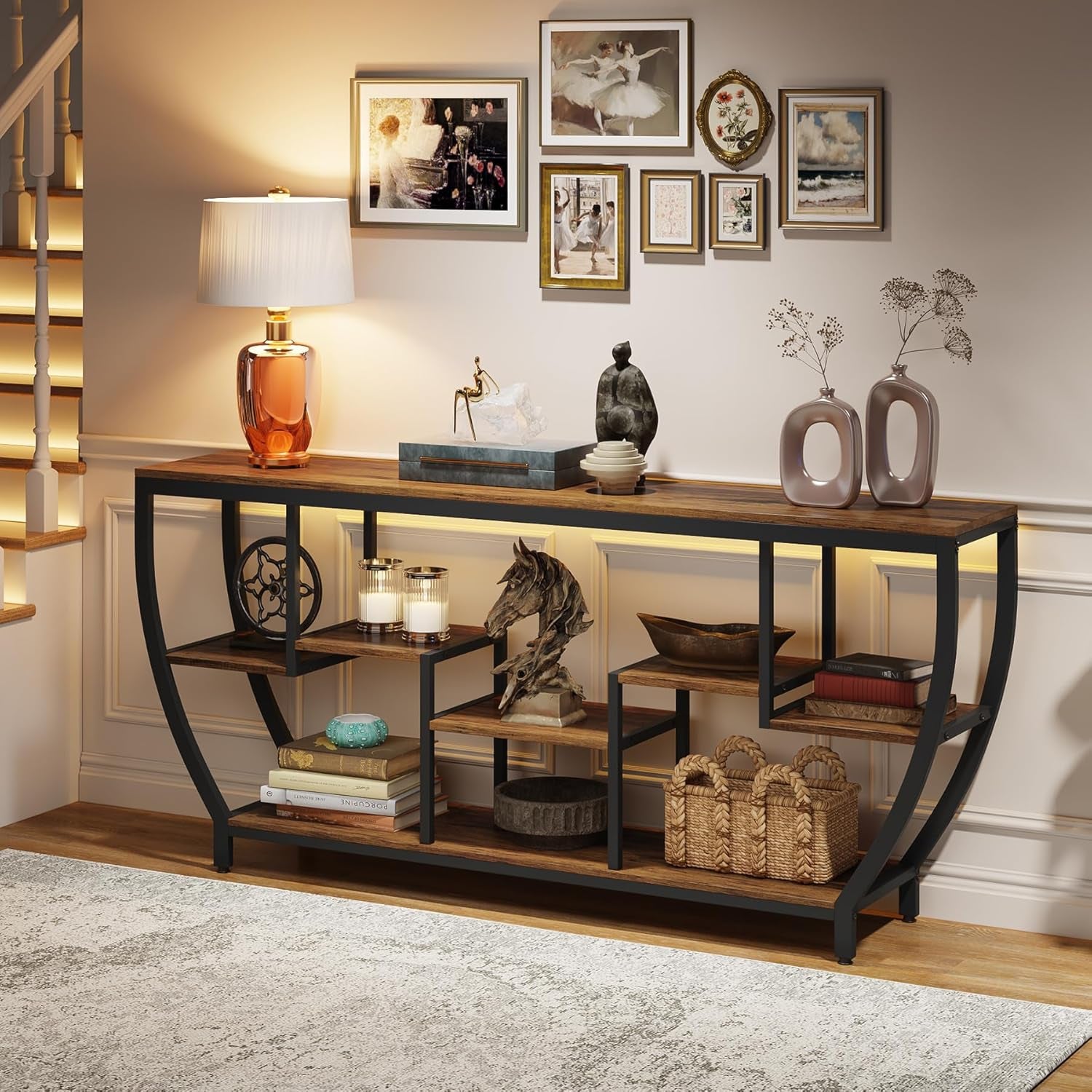 70.9 Inch Long Sofa Table with Shelves, Rustic Console Table with Storage, Industrial Entryway Table TV Stand, behind Couch Table Accent Tables for Living Room, Hallway, Foyer