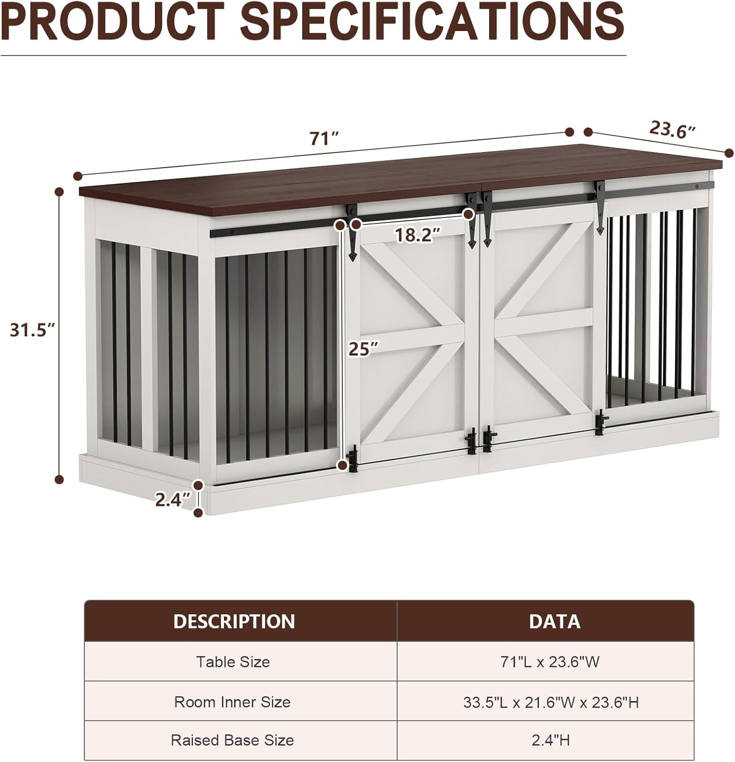 Dog Crate Furniture - Indoor Wooden Dog Kennel Furniture with Room Divider - 71"X23.6"X31.5"H, White