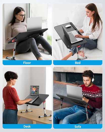 Laptop Desk for Bed with Cooling Fan,  Height & Angle Adjustable Laptop Stand for Bed, Lap Desk Tray Table, Lightweight Foldable Portable Computer Table for Couch Sofa Chair Floor Desk (Black)