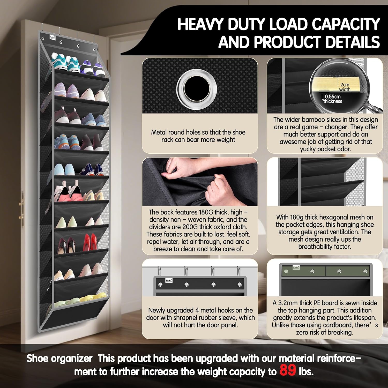 10 Tier over the Door Organizer - Heavy Duty Hanging Storage Rack with Sturdy Oxford Fabric, Holds 20+ Pairs of Footwear, Boots & Sneakers, Saves 50% Closet Space (Black)