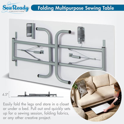 Folding Multipurpose Sewing Table - 47.5" W X 28" D Foldable White Hobby and Sewing Machine Table with Adjustable Shelf - Can Also Be Used as Computer Desk