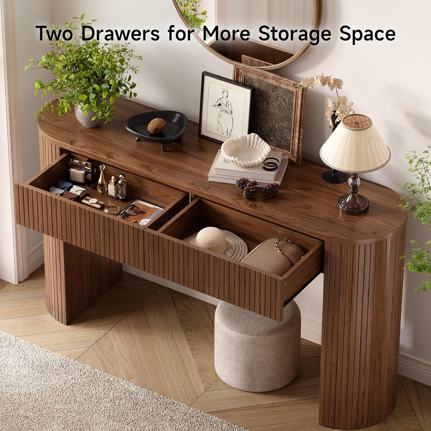 55 Inch Console Table with 2 Drawers, Fluted Entryway Tables with Storage, Sofa Table behind the Couch, Hallway Tables, Mid-Century Modern Foyer Table for Entryway, Hallway, Living Room, Black