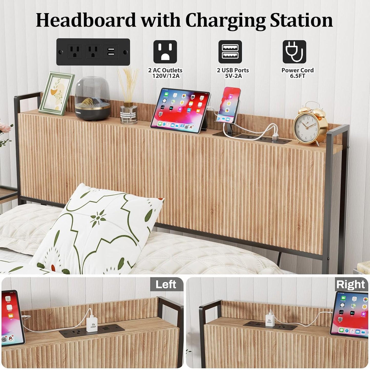 King Size Headboard Only with Outlets, Wall Mount Wood Fluted Headboard with Storage, Height Adjustable, Storage Rack, Sturdy and Stable, Easy Assembly(Oak, King)