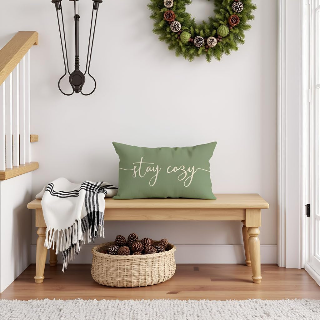 Stay Cozy Sage Green Pillow Cover 12X20 Inch, Lumbar Decorative Cushion Case for Sofa Couch or Bed, Rustic Farmhouse Home Decor for Living Room or Entryway Bench