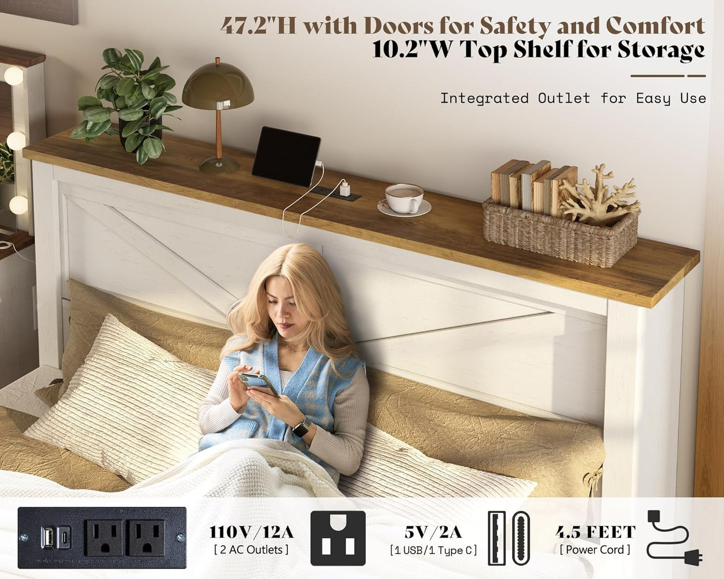 King 47.2" H Bed Frame with Hidden Space Bookcase Headboard and Charging Station, Beds with 2 Storage Drawers and Wood Slats, No Box Spring Needed, White & Barnwood