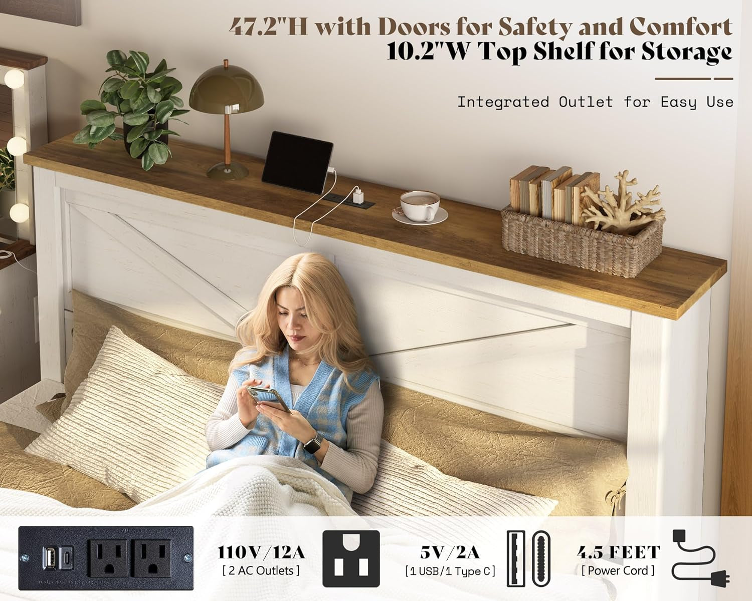 King 47.2" H Bed Frame with Hidden Space Bookcase Headboard and Charging Station, Beds with 2 Storage Drawers and Wood Slats, No Box Spring Needed, White & Barnwood