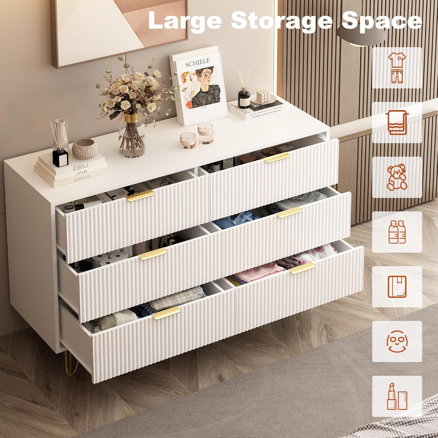 White 6 Drawer Dresser with Golden Handle, Fluted Wood Dressers, Modern Chest for Bedroom, Living Room, Hallway, Entryway