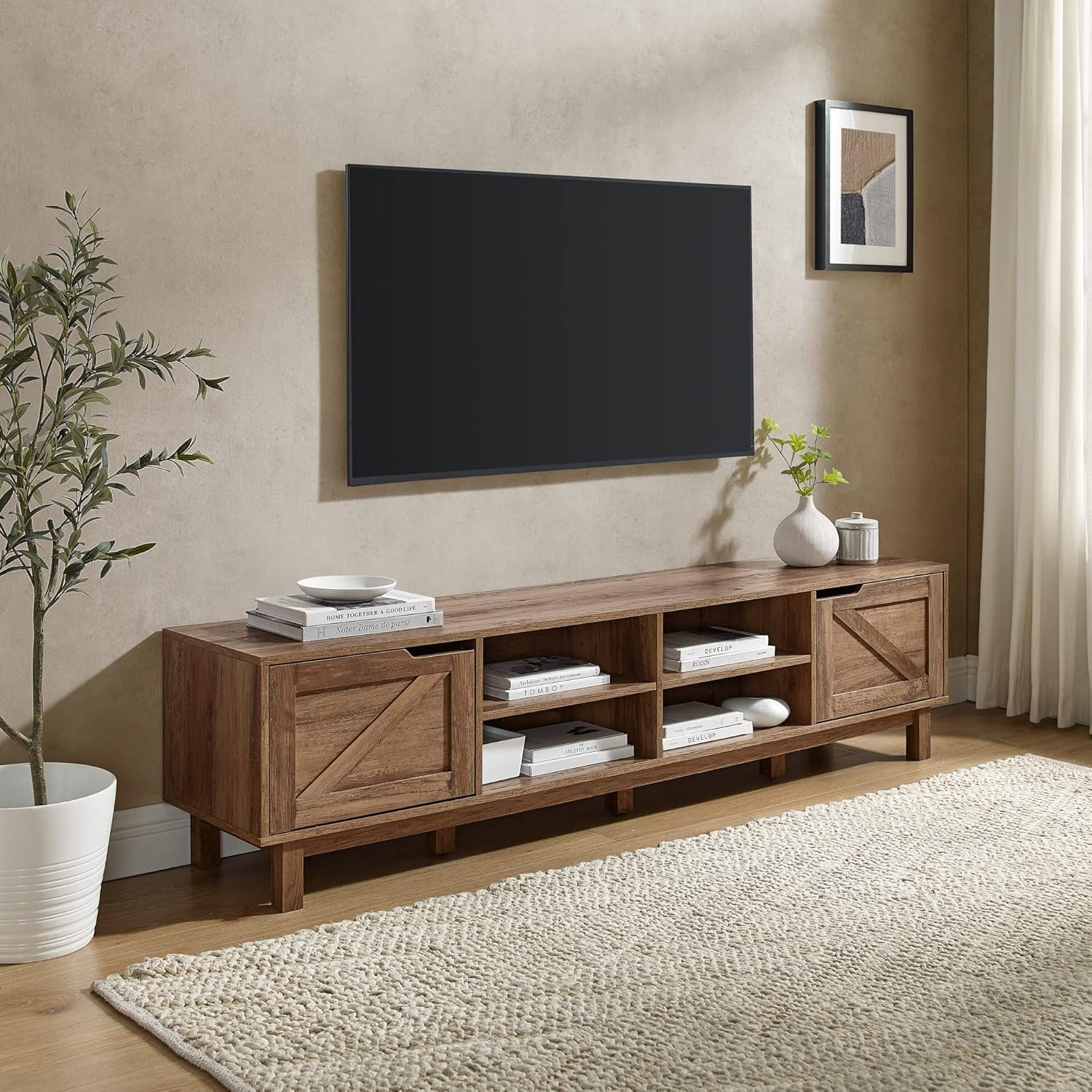 Tinsley Barn-Door Low Stand for Tvs up to 80 Inches, 70 Inch, Rustic Oak