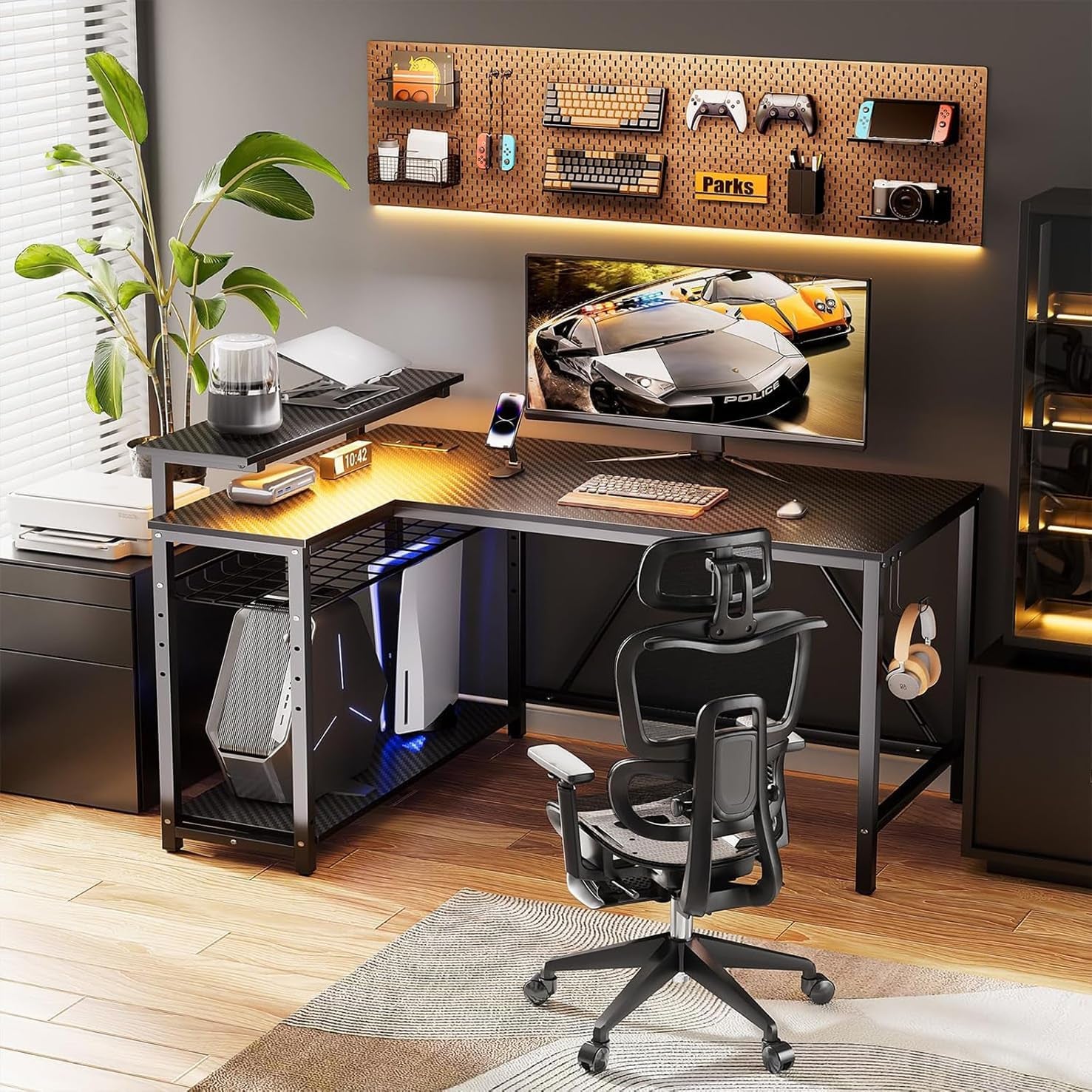 Gaming Desk with Power Outlets, 42" L-Shaped Computer Desk with LED Lights, Desk with Reversible Storage Shelves & Hooks for Small Spaces, Bedrooms & Offices, Black Carbon Fiber