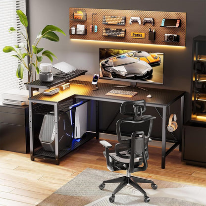 Gaming Desk with Power Outlets, 42" L-Shaped Computer Desk with LED Lights, Desk with Reversible Storage Shelves & Hooks for Small Spaces, Bedrooms & Offices, Black Carbon Fiber