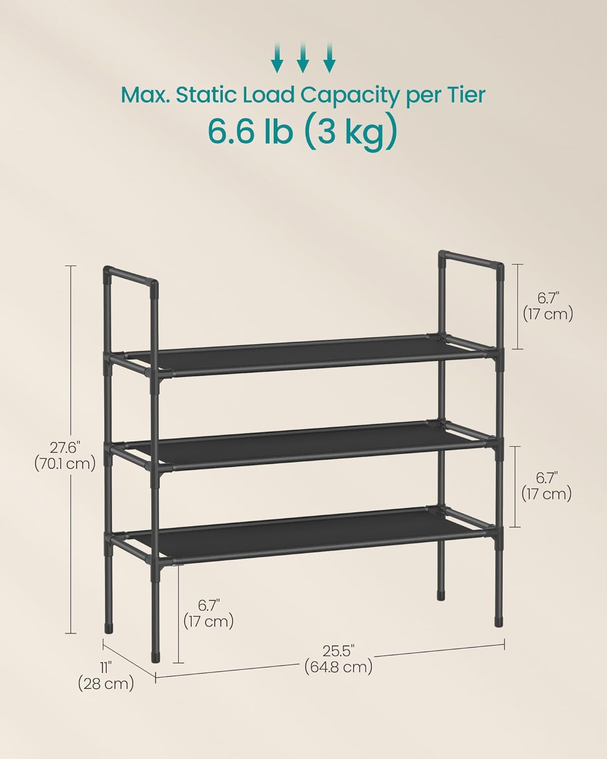 3-Tier Shoe Rack, Shoe Storage for Hallway Closet, Slim and Space-Saving, Metal Frame, Non-Woven Fabric Shelves, Black ULSH043BH01