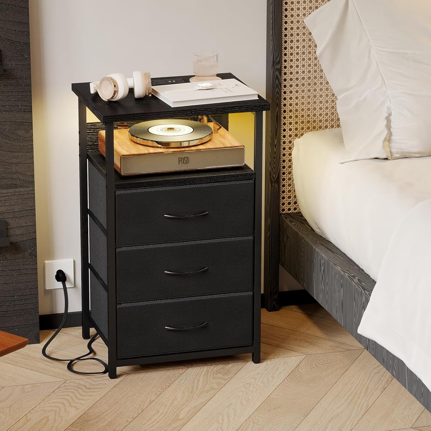 Night Stand with Charging Station, LED Nightstand with U-S-B Ports and Outlets, 3 Fabric Storage Drawers with PU Finish, Bedside Table, Black