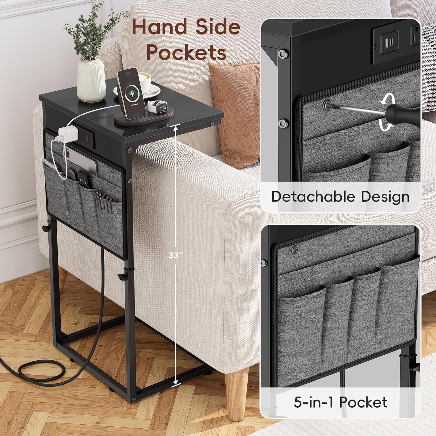 C Shaped End Table with Charging Station, Adjustable Height Side Table for Couch, Small Sofa Table Laptop Couch Desk, Slide under Sofa TV Tray Tall Arm C Tables for Living Room Bedroom, Black