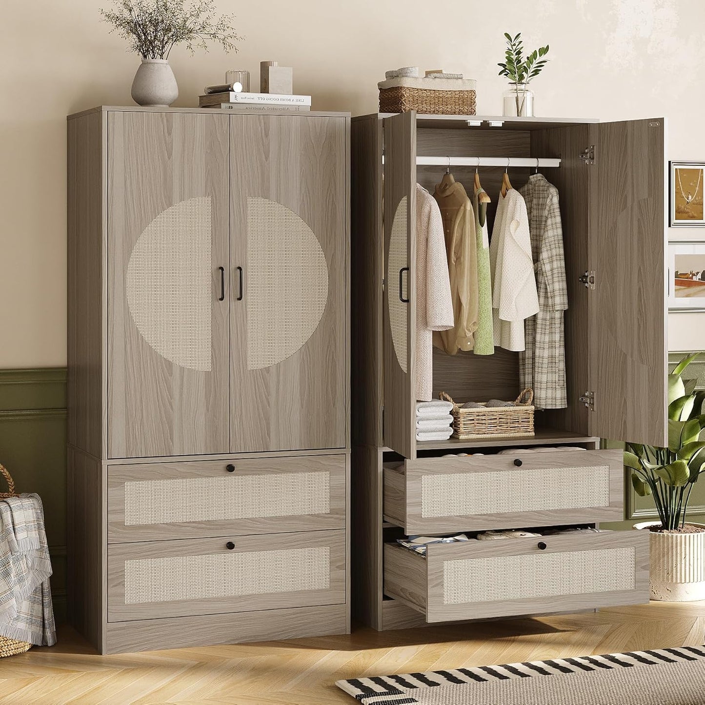 Modern Boho Wardrobe Closet Wiht 2 Drawers, 65" H Large Wooden Bedroom Armoires with Rattan Door & Hanging Rod, Freestanding Clothing Storage Cabinet for Dormitory, Apartment, Cloak Room
