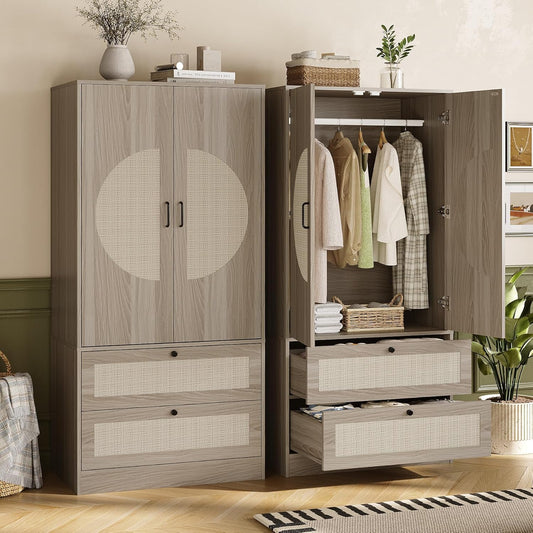 Modern Boho Wardrobe Closet Wiht 2 Drawers, 65" H Large Wooden Bedroom Armoires with Rattan Door & Hanging Rod, Freestanding Clothing Storage Cabinet for Dormitory, Apartment, Cloak Room