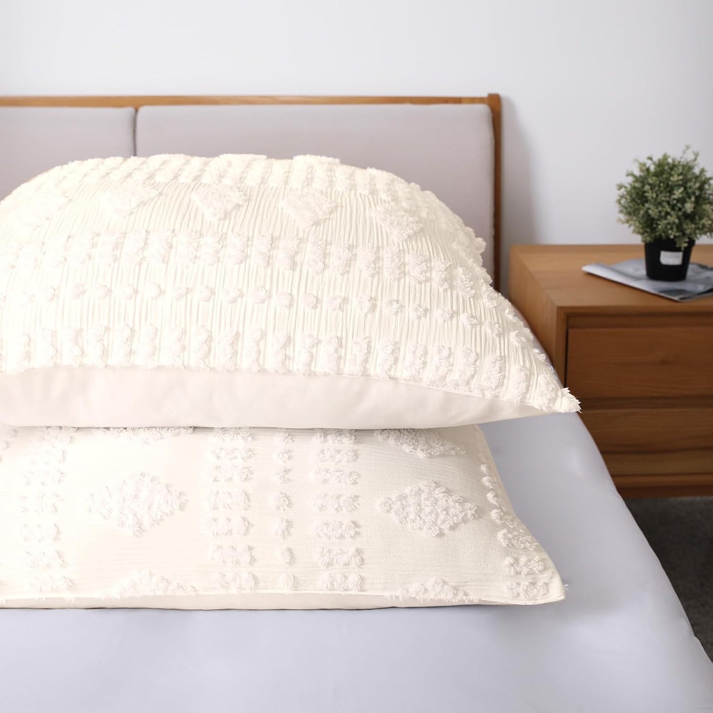 Tufted Pillow Shams King Ivory Set of 2 Boho Pillowcases Shabby Chic Decorative Textured Poms Cream Diamonds Moroccan Embroidery Farmhouse 20X36