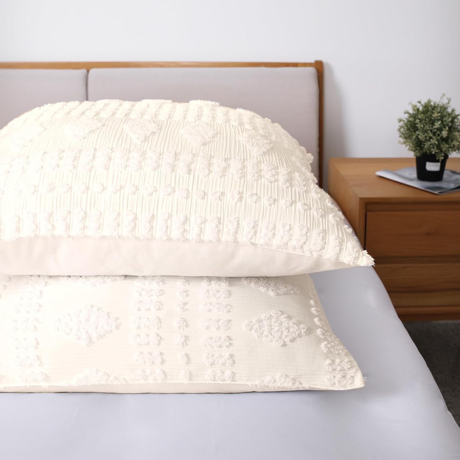Tufted Pillow Shams King Ivory Set of 2 Boho Pillowcases Shabby Chic Decorative Textured Poms Cream Diamonds Moroccan Embroidery Farmhouse 20X36