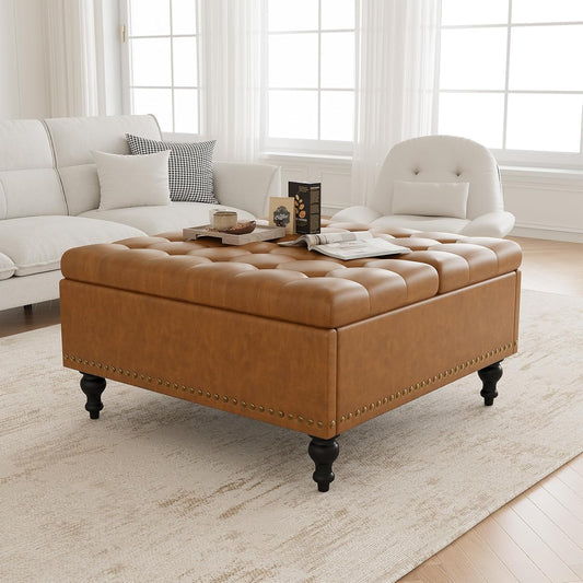 Large Leather Ottoman with Storage, Coffee Table with Lift Top, Large Upholstered Footrest Storage, Brown