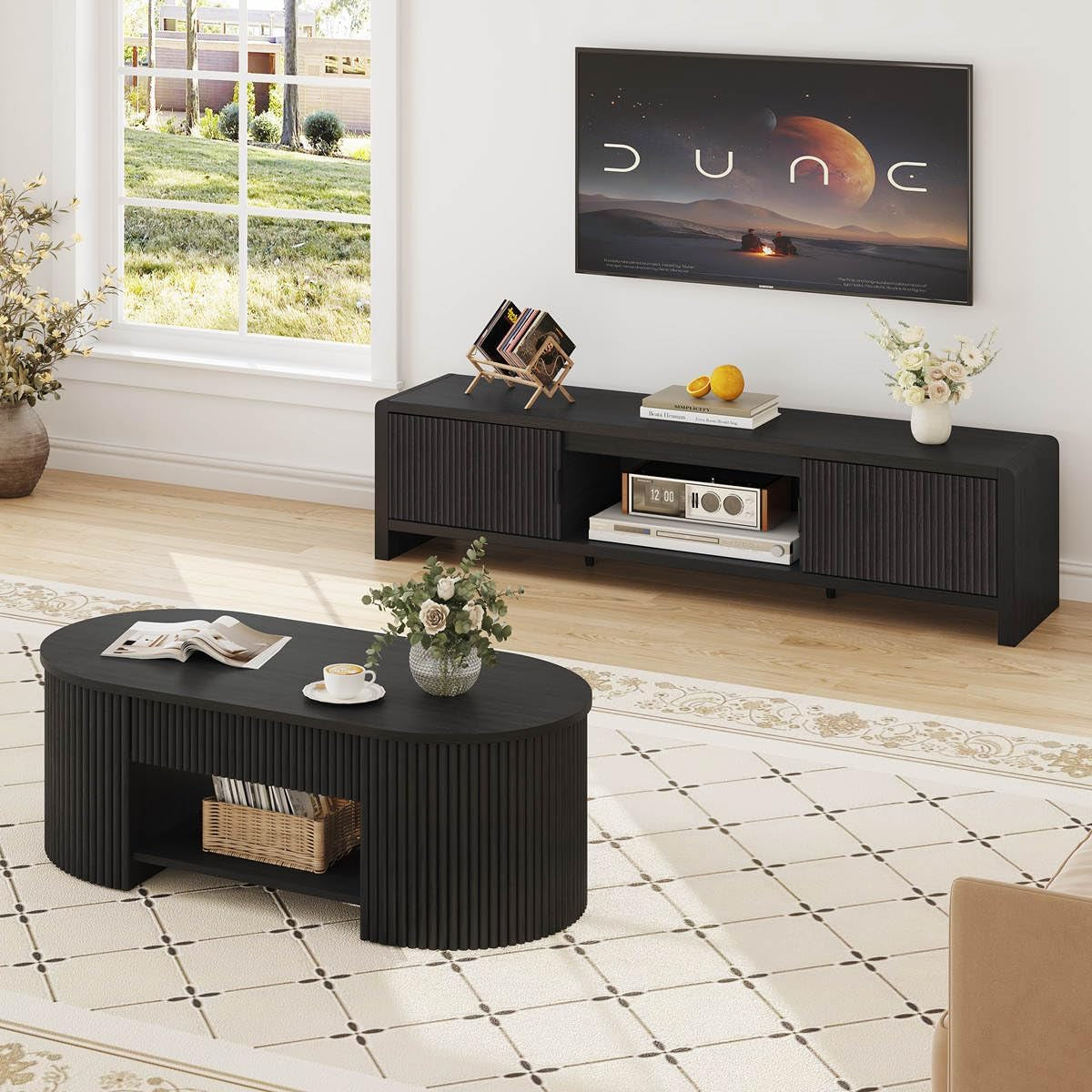 Coffee Table for Living Room Storage, Modern Wood Fluted Center Table with Drawer, Mid-Century Oval Living Room Tables with Shelf (Black, 43.31 Inch)