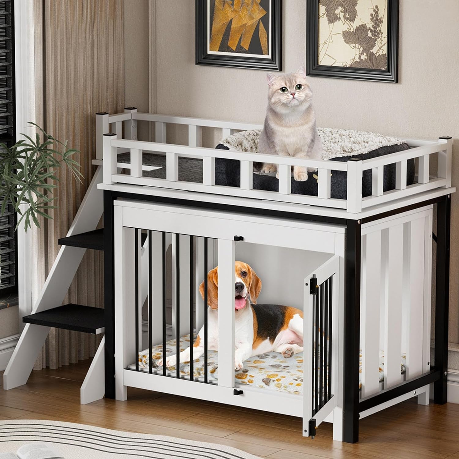 Dog Crate Furniture, Pet Bunk Bed with Stairs and Storage, Dogs/Cats Window Perch, with Multi-Purpose Blanket and Fluffy Dog Bed for Small Medium Size