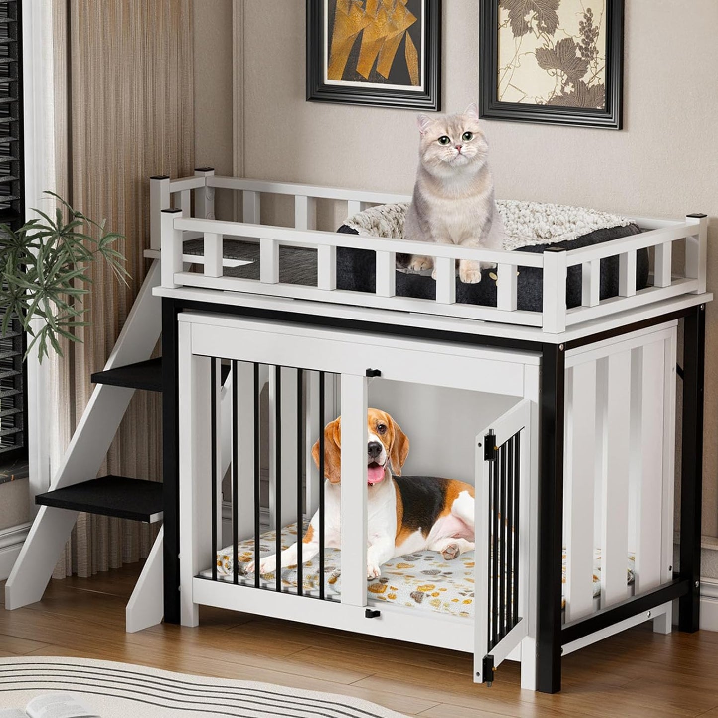 Dog Crate Furniture, Pet Bunk Bed with Stairs and Storage, Dogs/Cats Window Perch, with Multi-Purpose Blanket and Fluffy Dog Bed for Small Medium Size (55.1L X 28.5" W X 37.4" H)