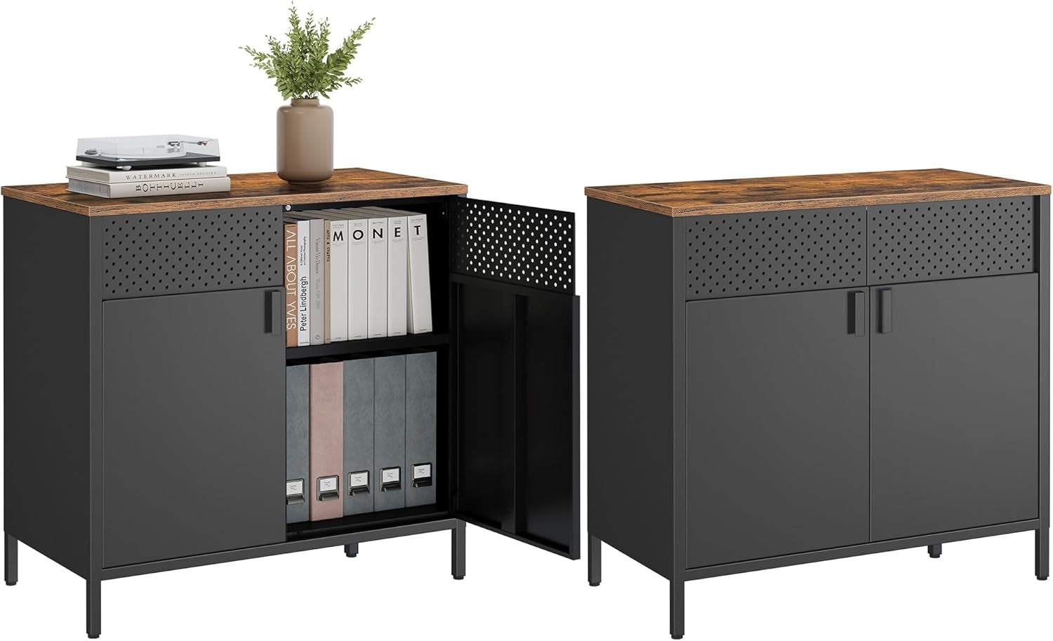 Set of 2 Storage Cabinets, Metal Cabinet, Sideboard with 2 Doors, 15.7 X 31.5 X 29.9 Inches, Magnetic Closure, Adjustable Shelf, Steel Frame, Rustic Brown and Black ULSC791B01