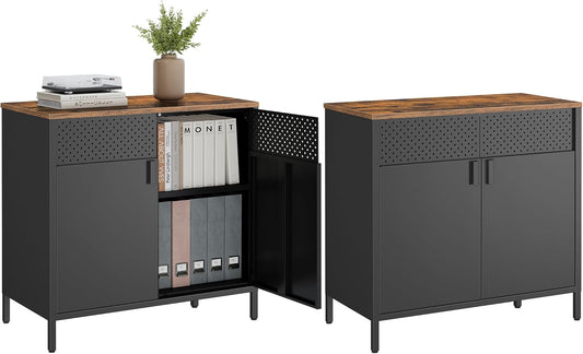 Set of 2 Storage Cabinets, Metal Cabinet, Sideboard with 2 Doors, 15.7 X 31.5 X 29.9 Inches, Magnetic Closure, Adjustable Shelf, Steel Frame, Rustic Brown and Black ULSC791B01