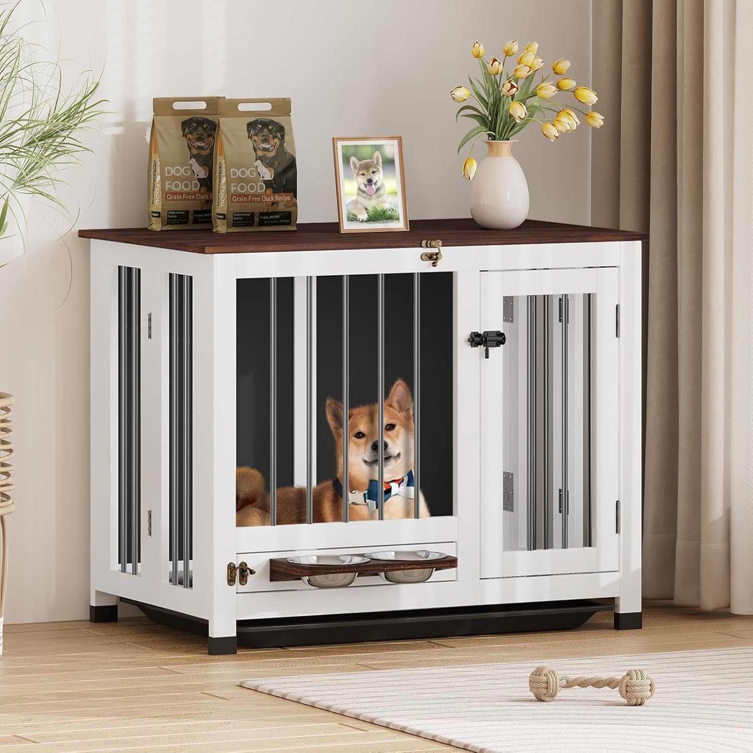 Dog Crate Furniture - 31.5" Wooden Dog Cage with Removable Tray & 360° Rotating Feeder | Decorative Dog Kennel Indoor | Multi-Functional End Table for Medium & Small Dogs | Portable Pet Crate